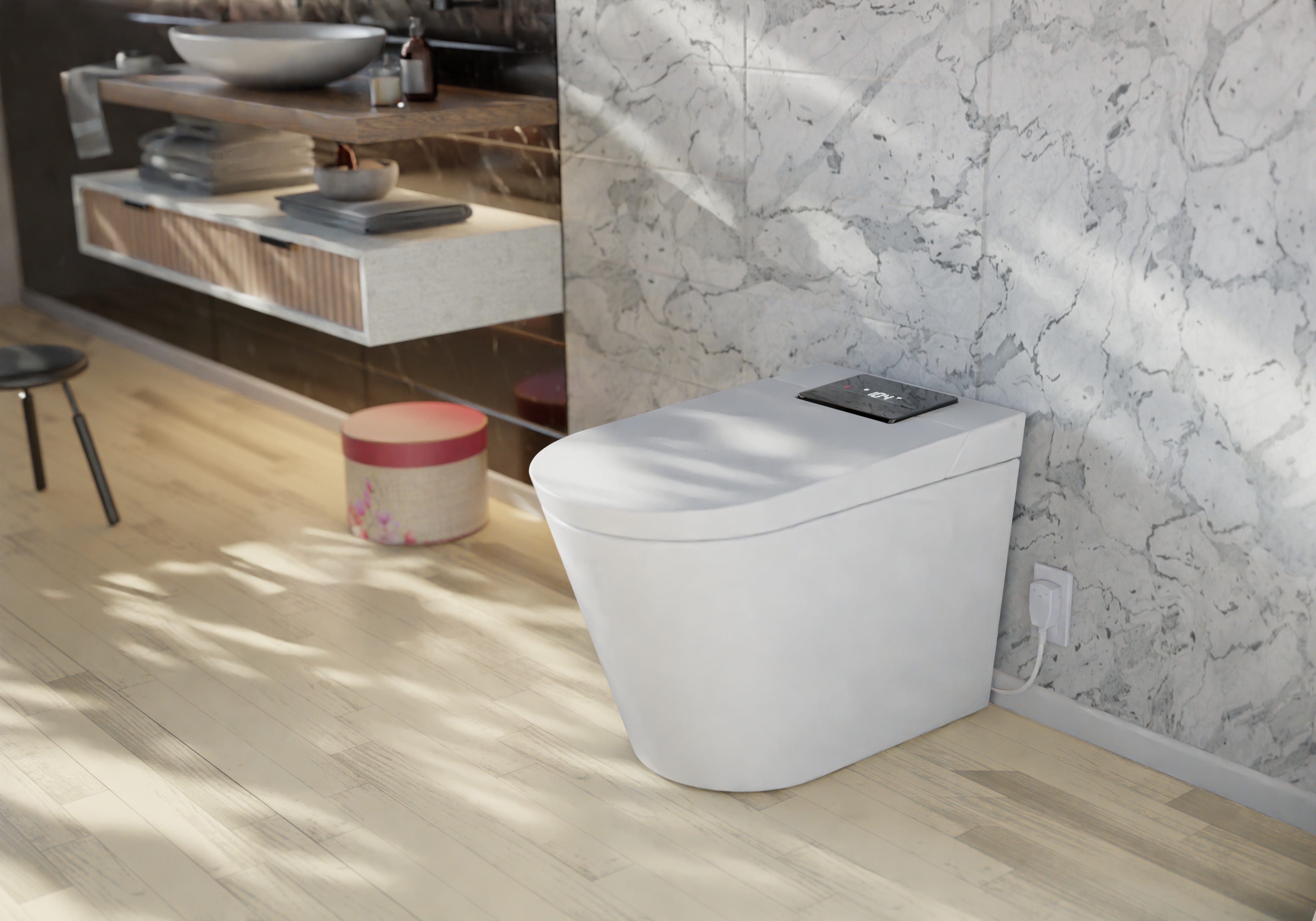 Image of a bathroom featuring a Trone bidet toilet. 