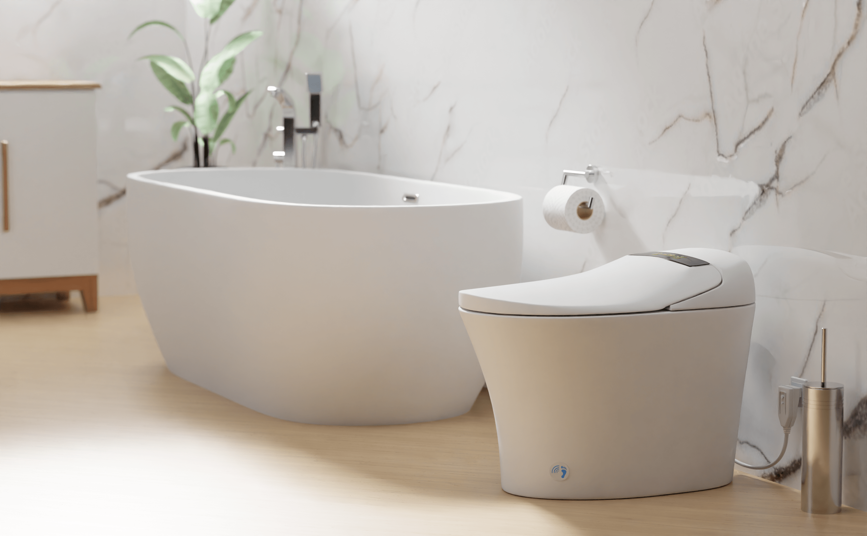 Lifestyle image of a timeless bathroom featuring Trone Freestanding Tub and Trone Aquatina III