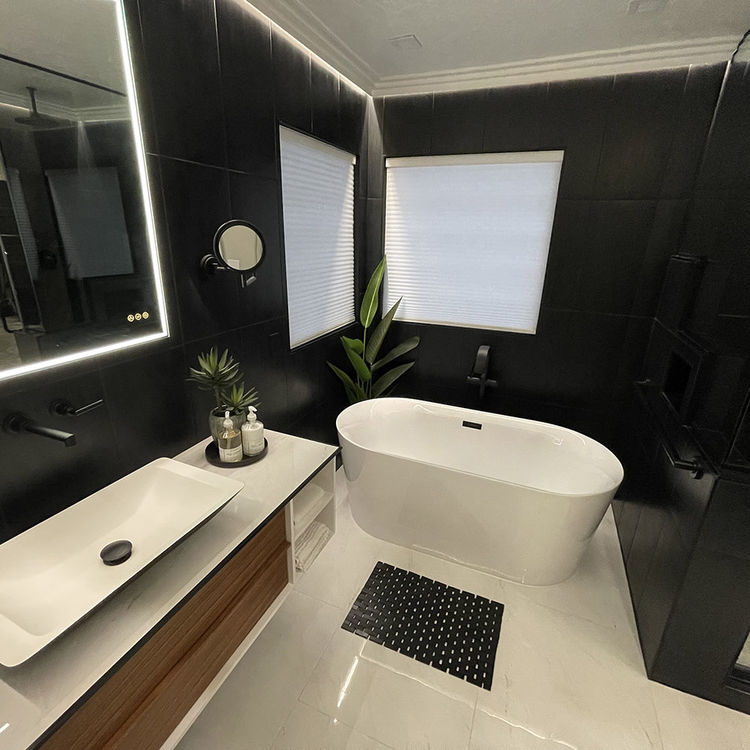 Front view of Flora 59" x 30" Freestanding Acrylic Soaker Tub, White, FLORA59 installed