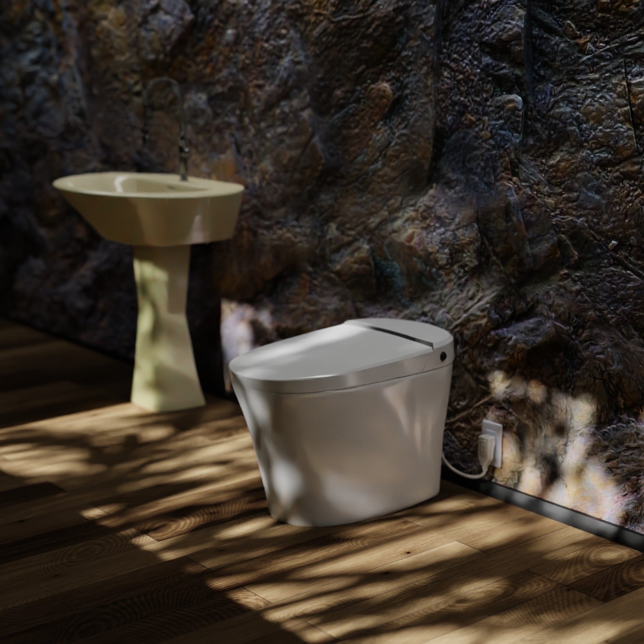 Image of a rustic bathroom featuring Trone STE1 Smart Bidet Toilet.