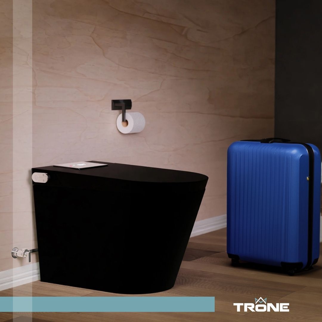 A photo of a Trone toilet and a suitcase for bathroom essentials.