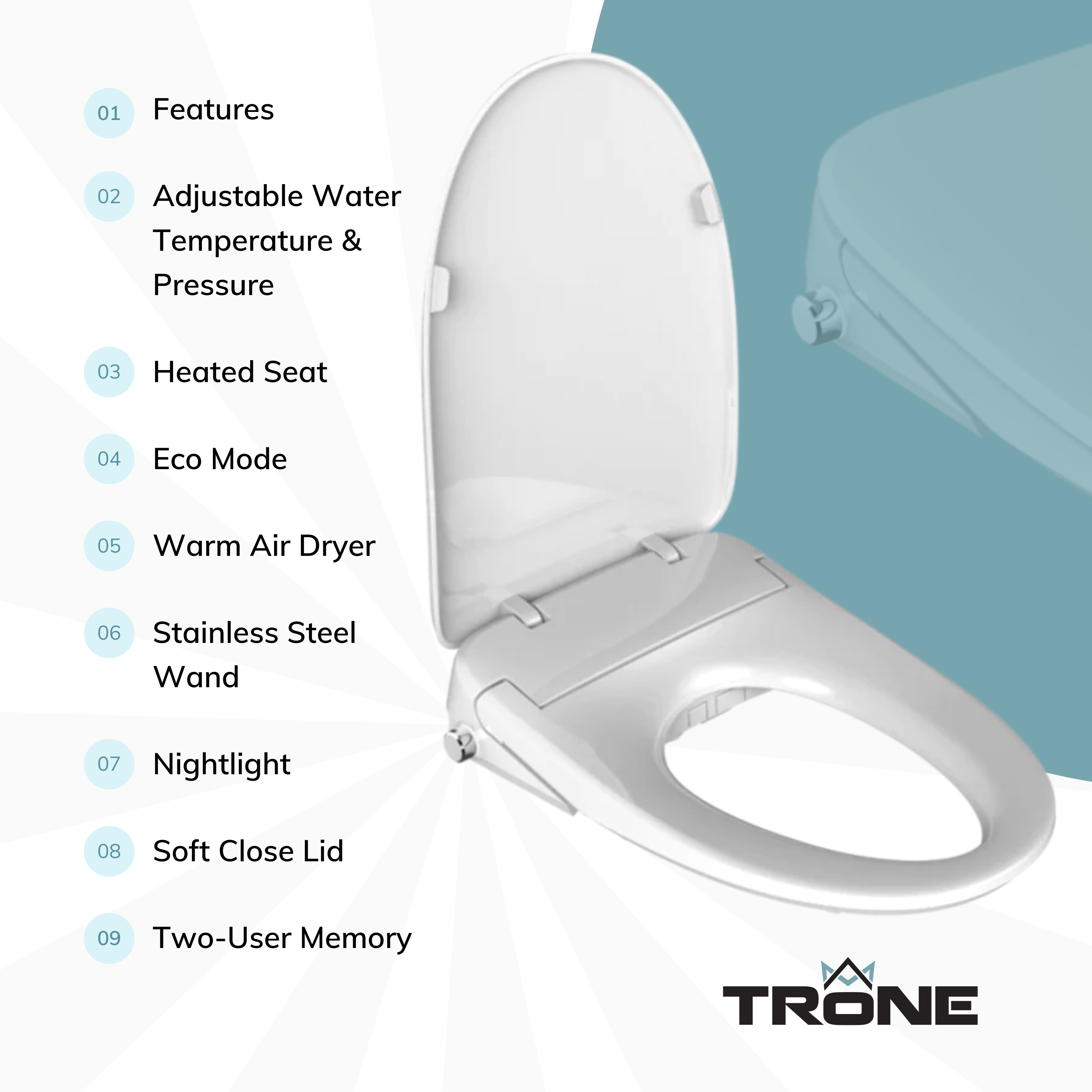 An infographic about Trone Electronic Bidet Seat.