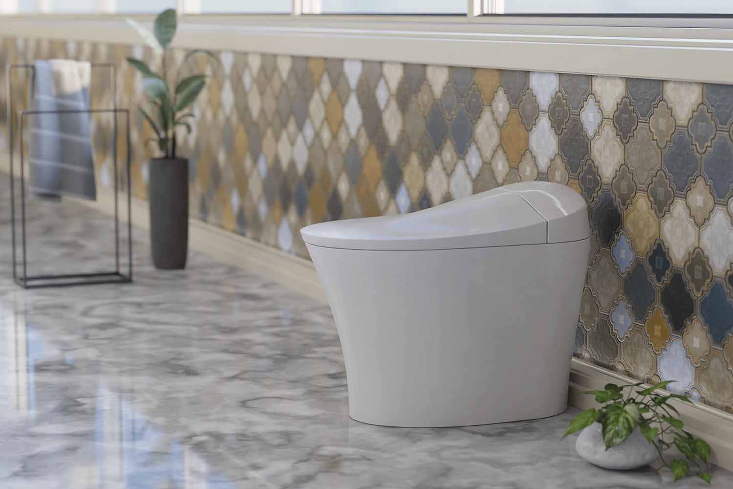 An image of a modern-vintage fusion bathroom featuring Trone Fountina Toilet.