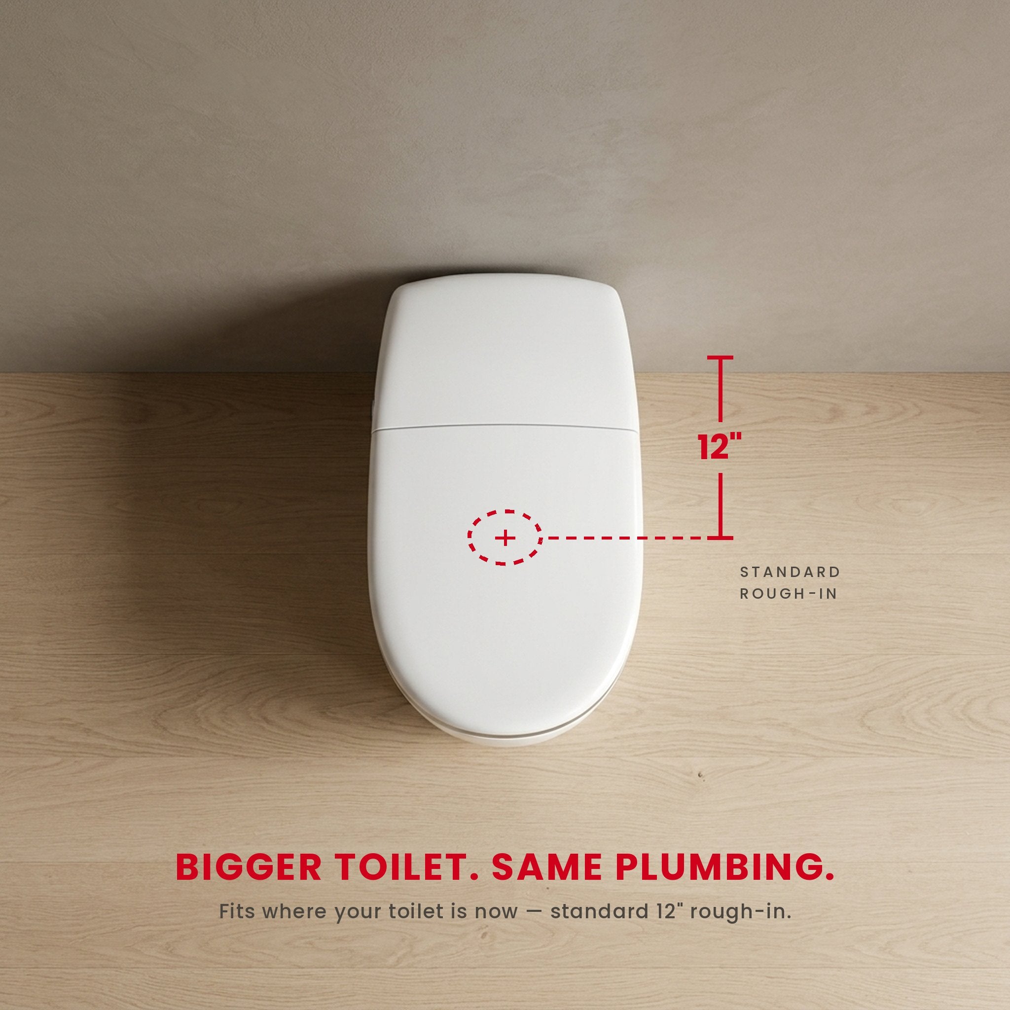 Tersova STKK50 smart bidet toilet overhead view showing standard 12 inch rough-in — bigger toilet that fits existing plumbing