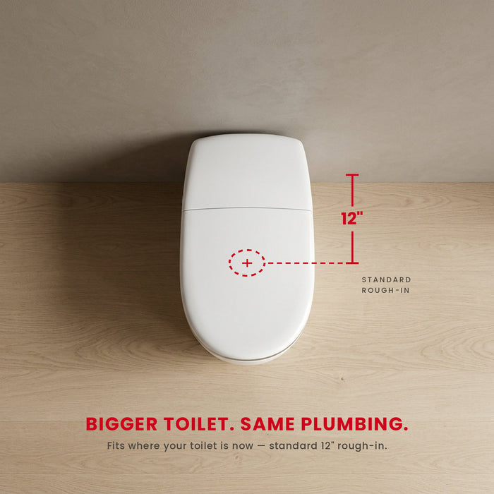 Tersova STKK50 smart bidet toilet overhead view showing standard 12 inch rough-in — bigger toilet that fits existing plumbing
