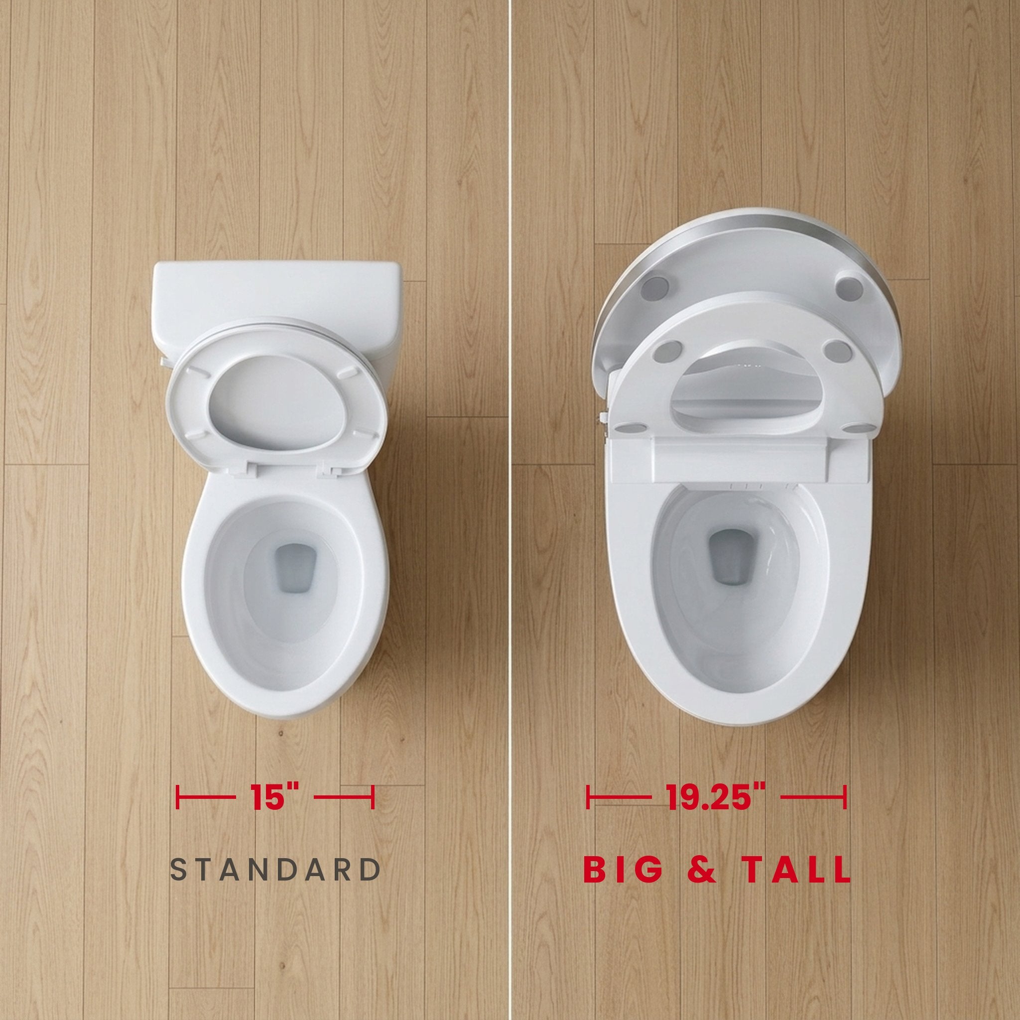 Tersova STKK50 extra-wide smart bidet toilet overhead view, seat width comparison — standard toilet at 15 inches versus STKK50 at 19.25 inches wide