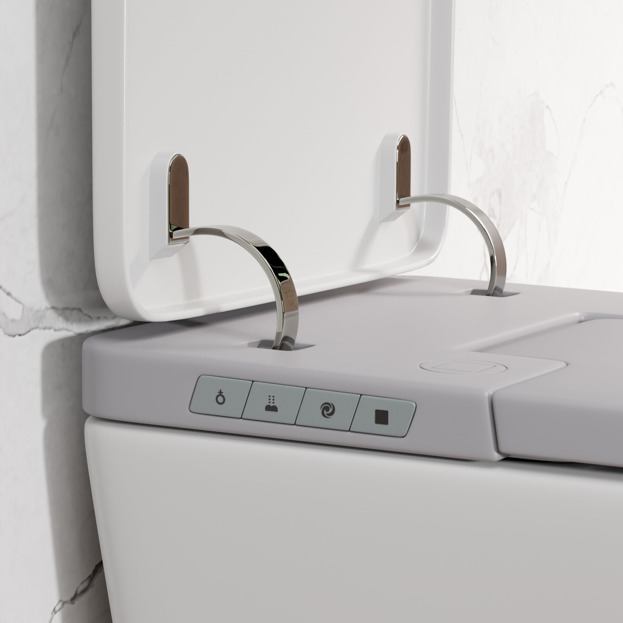 Angled view of Ganza Smart Bidet Toilet with Efoam, ToeTouch, Auto Open, & White lid