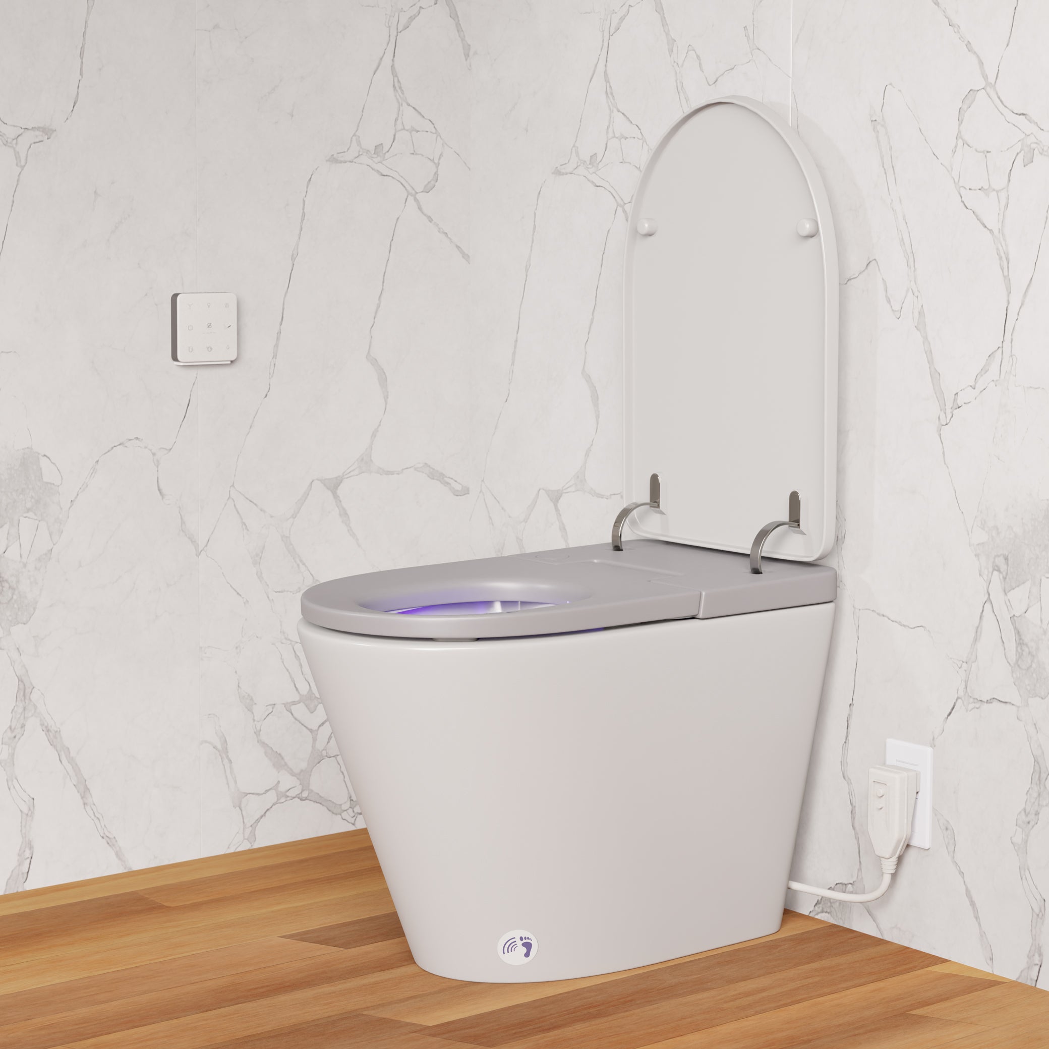 Angled left view Ganza Smart Bidet Toilet with Efoam, ToeTouch, Auto Open, & White open lid