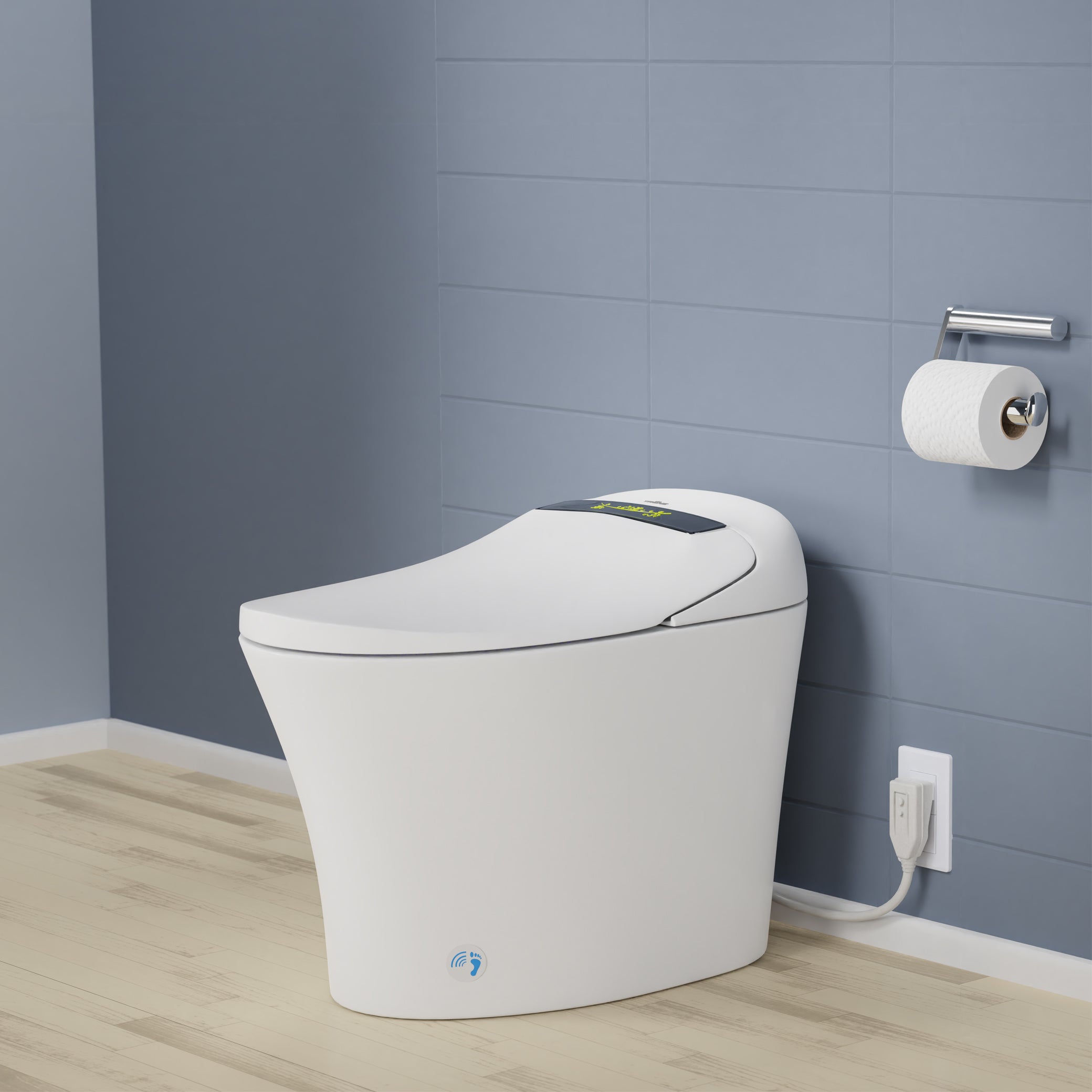 Angled left view of Aquatina III Smart Bidet Toilet with ToeTouch, Auto Open, White