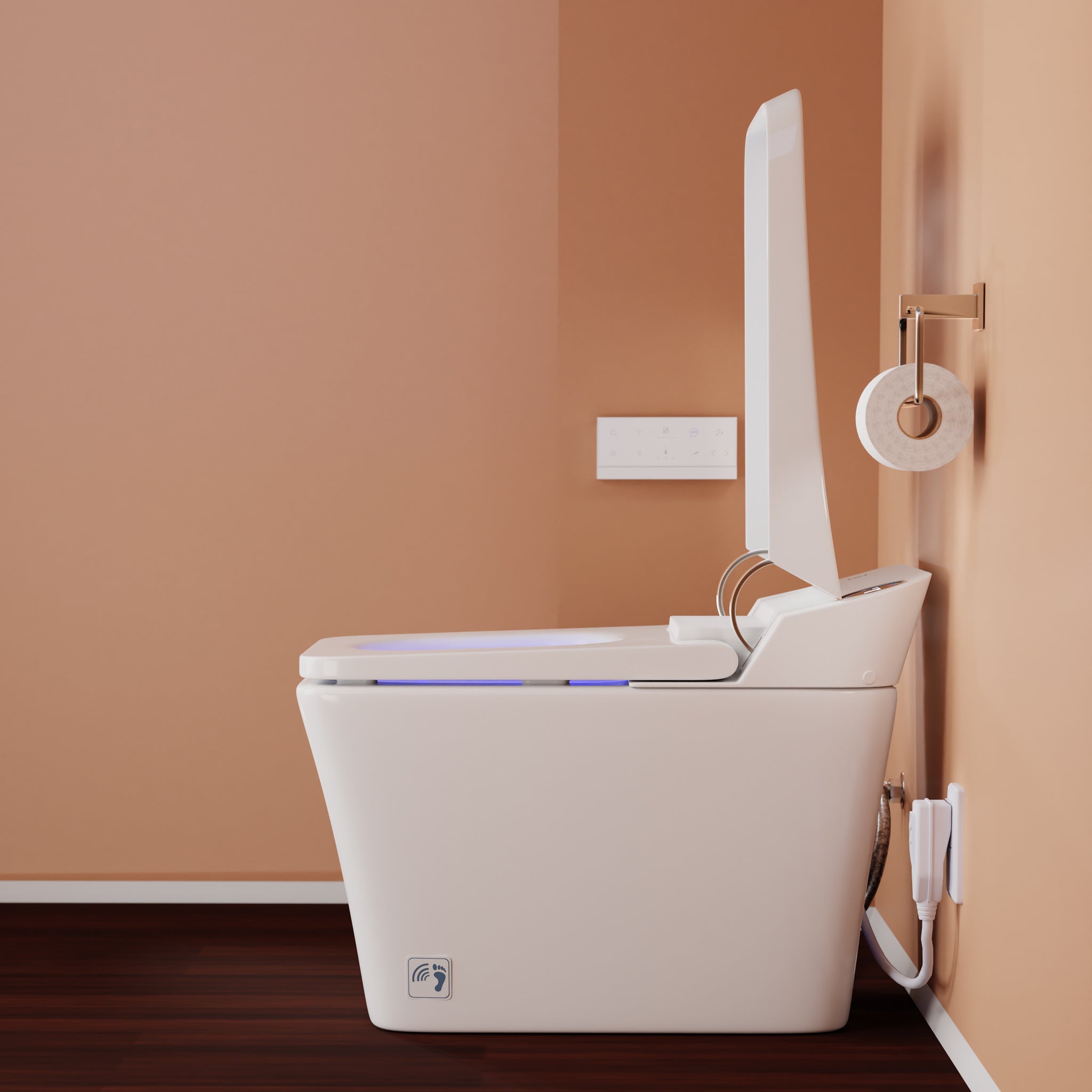 Left side of Tahum Smart Bidet Toilet with ToeTouch, Auto Open, White open cover
