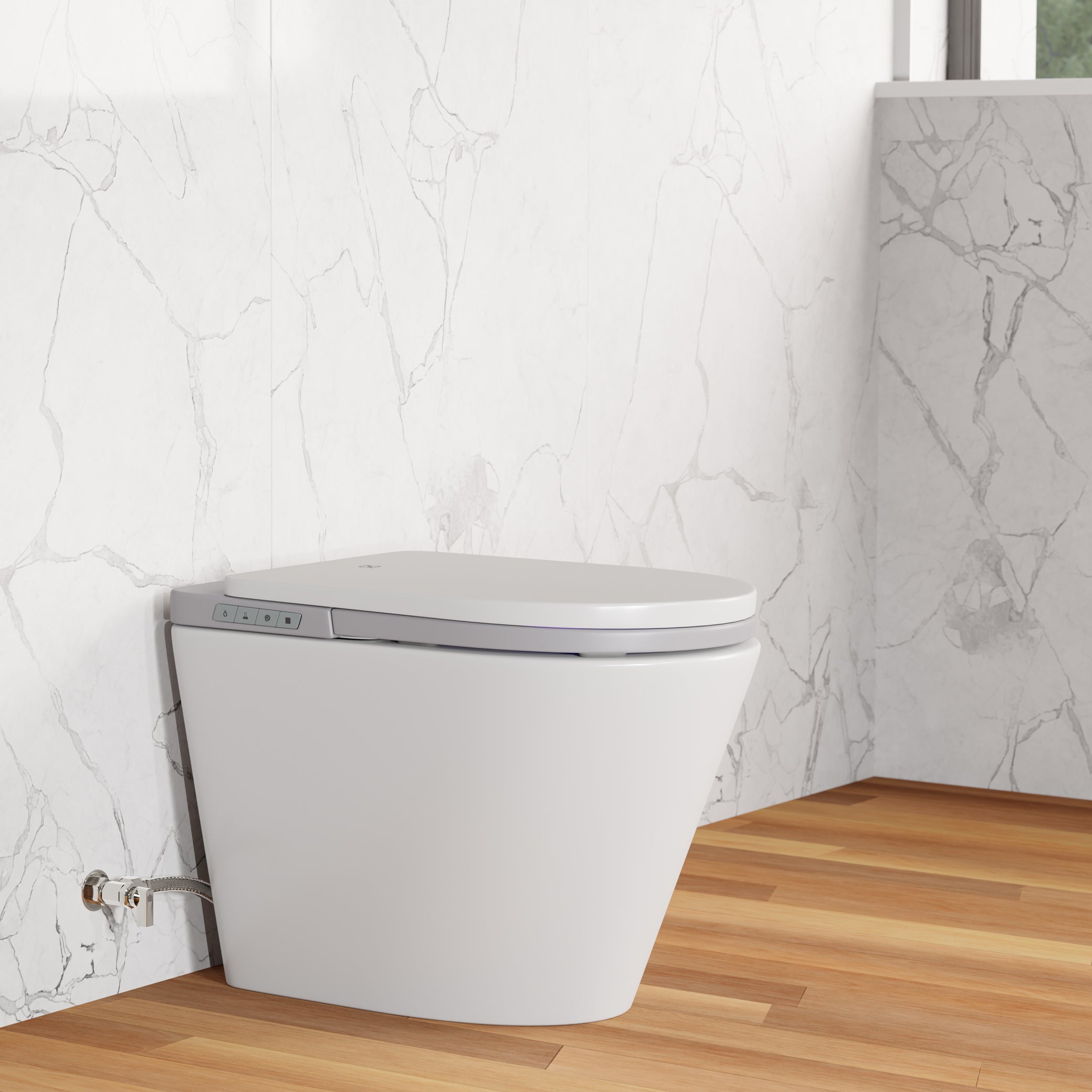 Angled right view of Ganza Smart Bidet Toilet with Efoam, ToeTouch, Auto Open, & White