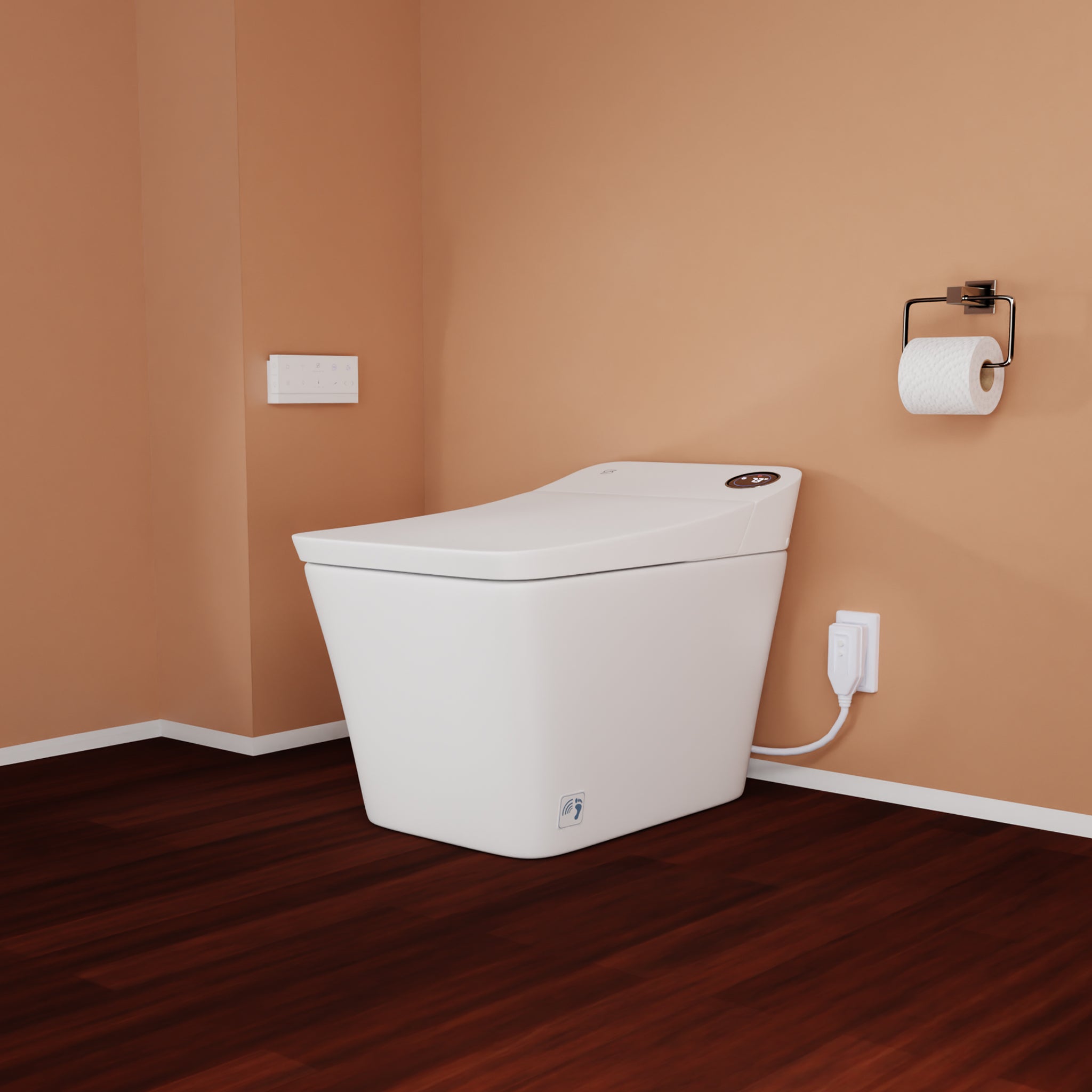 Angled left view of Tahum Smart Bidet Toilet with ToeTouch, Auto Open, White